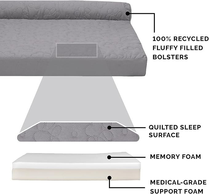 Furhaven Memory Foam Dog Bed for Large Dogs w/ Removable Bolsters & Washable Cover, For Dogs Up to 95 lbs - Pinsonic Quilted Paw L Shaped Chaise - Titanium, Jumbo/XL