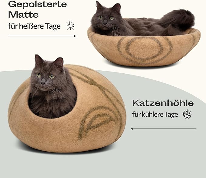 MEOWFIA Premium Felt Cat Bed Cave - Handmade 100% Merino Wool Bed for Cats and Kittens (Light Shades) (Large, Beige)