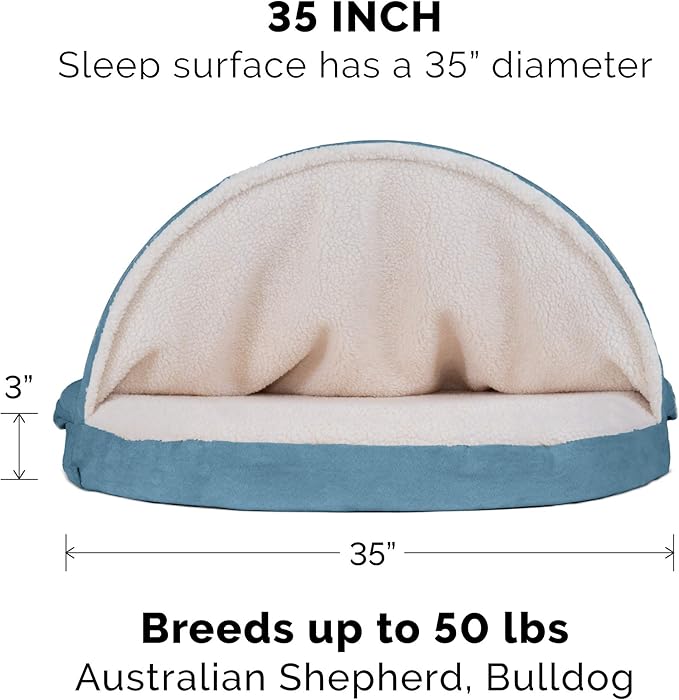 Furhaven 35" Round Cooling Gel Dog Bed for Large/Medium Dogs w/ Removable Washable Cover, For Dogs Up to 50 lbs - Sherpa & Suede Snuggery - Blue, 35-inch