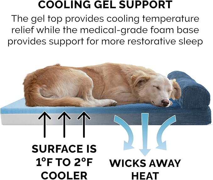 Furhaven Cooling Gel Dog Bed for Large Dogs w/ Removable Bolster & Washable Cover, For Dogs Up to 125 lbs - Fleece & Corduroy Bolster Chaise - Navy Blue, Jumbo Plus/XXL