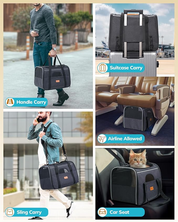 Morpilot Cat Carrier - Soft Sided Cat Carrier Large for Big Medium Cats and Puppy up to 15lbs, Pet Carrier with Safety Zippers, Foldable Bowl, Airline Approved Large Cat Carrier - Dark Gray