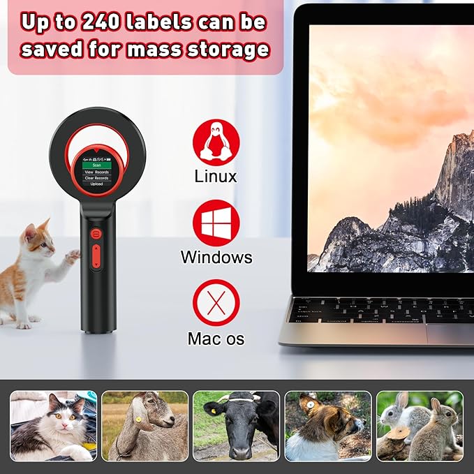 Symcode Pet Microchip Scanner, ISO11784/85/FDX-B/EMID (2.4GHz Wireless+Bluetooth+USB) All in one 1.44” TFT Screen Display 240 Data Storage Upload to PC Microchip Scanner Reader for Dog/Pet/Cat/Animal