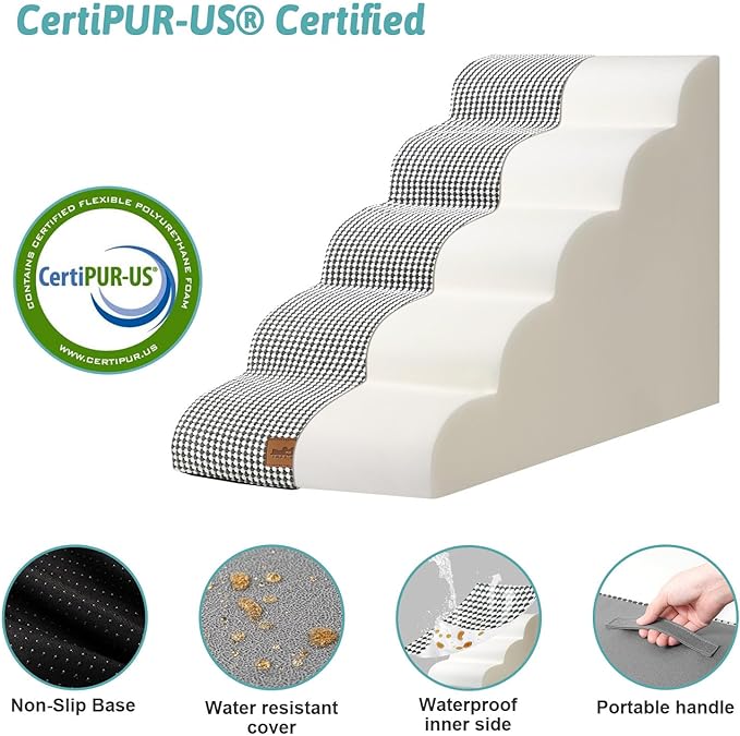 Dog Stairs for High Bed 23" H, Small Dogs Ramp with Leakproof Cover, Foam Pet Steps for Cat, Couch and Sofa, Lightweight, Non-Slip, Durable, Comfort, 15.7x33x22.6in, White-Black, 5 Tiers