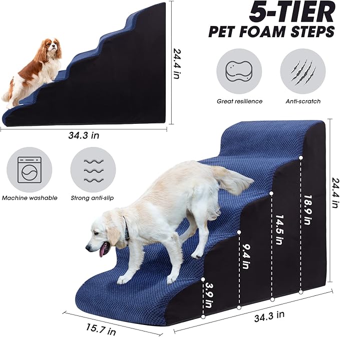 Foam 5 Tier Dog Steps&Stairs for High Beds 25 inches High, Tall Extra Wide Pet Stairs/Steps for High Beds/Bedsides,Non-Slip Dog Ramps for Small Dogs, for Older Dogs/Cats Injured(Blue)