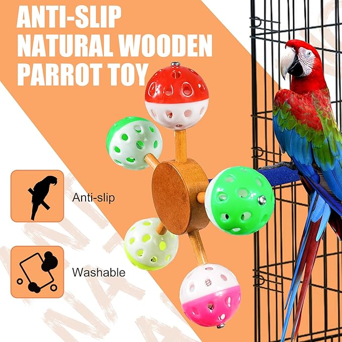 Parrot Toy Rotating Perch Toy with Bell Balls, Bird Perch Rough Educational Bird Toys Foraging Training Toys for Budgerigar Parakeet Mynah Love Birds Finches.