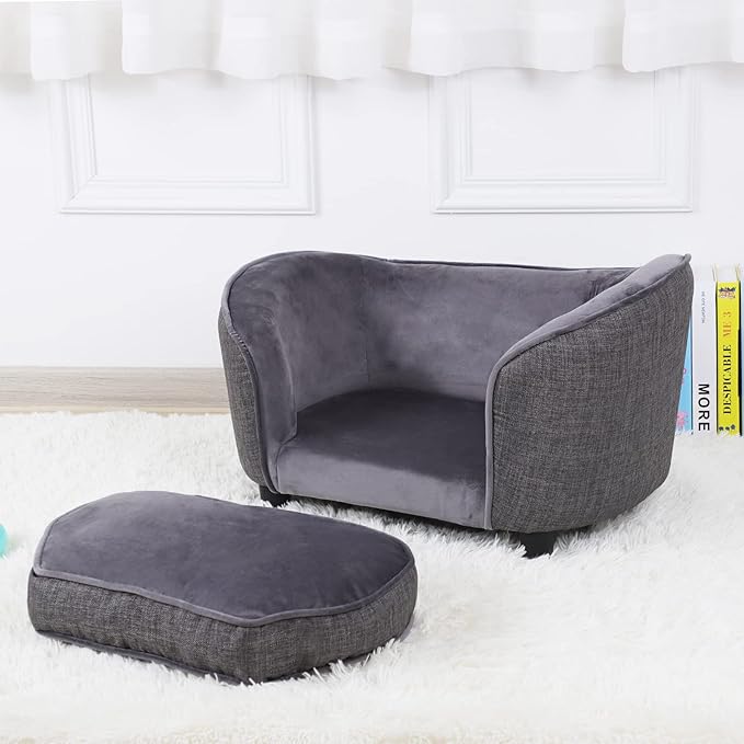 Pet Sofa Bed, Velvet & Linen fabric Dog Couch with Washable Cushion for Small Dog Cat Gray (Gray)