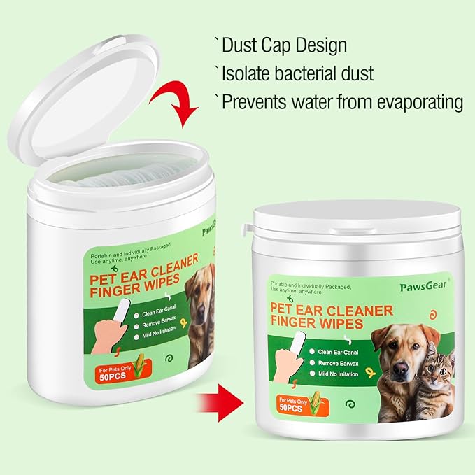 Ear Wipes for Dogs and Cats - Soothing Cleansing, Odor Removal, Natural Plant Extracts, 50 Count