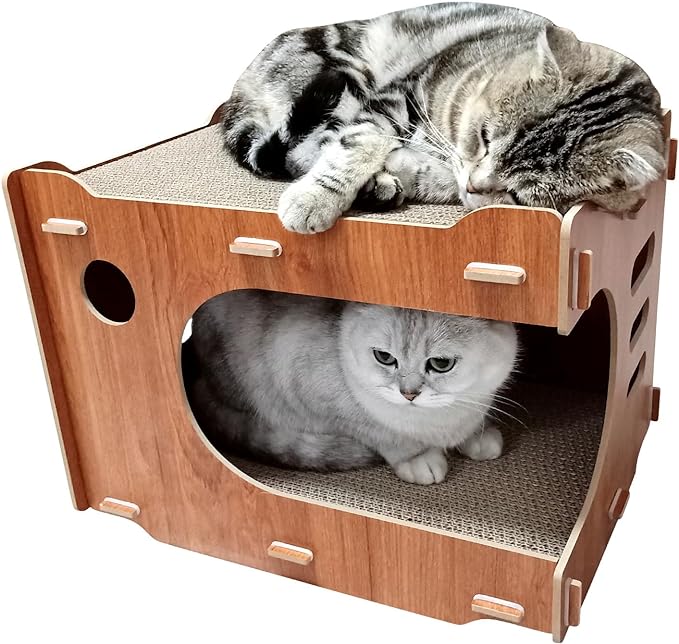 Wood Cat Scratcher House Cardboard with 2 PCS Cat Scratch Pads Cute Cat Scratchers Lounge Bed for Indoor Cats Cat Box cat Scratching House Wooden Cat Scratch House with Scratcher