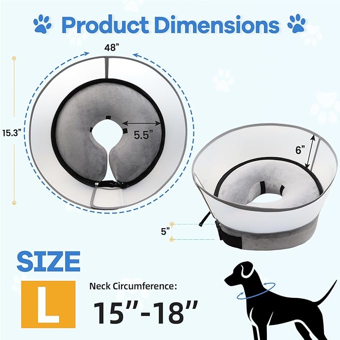 Inflatable Dog Cone Collar, Soft Dog Cone for Dogs after Surgery, 2-in-1 Inflatable Dog Cone with Detachable Anti-licking Shield, Adjustable Dog Cone Collar, Elizabethan Collar (L, Grey)