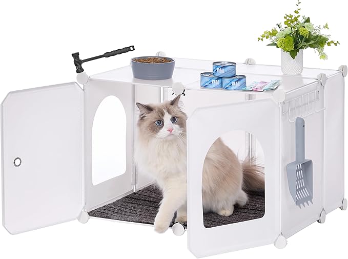 Cat Litter Box Enclosure with Hooks, Plastic Covered Little Box with Mat, Splash Proof Litter Box Furniture, 23.7 x 18.5 x 16.1 inches, End Table for Living Room, White CB81899WT