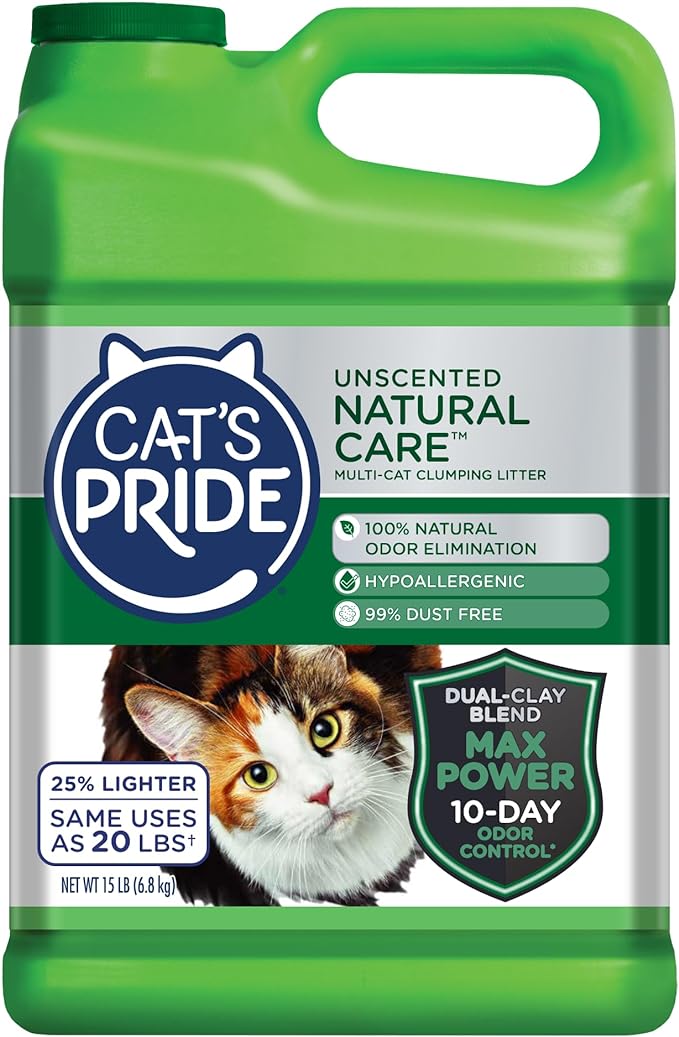 Cat's Pride Max Power: Natural Care - Up to 10 Days of Powerful Odor Control - 100% Natural Odor Elimination - Hypoallergenic - 99% Dust Free - Multi-Cat Clumping Litter, Unscented, 15 Pounds