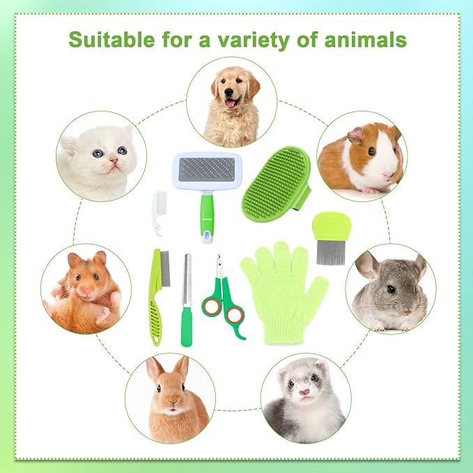 8 Pcs Small Animal Pink Grooming Kit, Rabbit Grooming Kit with Pet Nail Clipper and File, Flea Comb, Pet Shampoo Bath Brush , Pet Shedding Slicker Brush, Bath Massage Glove, Cleaning Comb (Green)