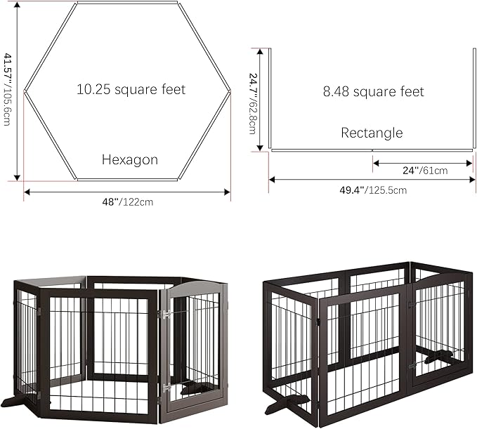 Folding Pet Gate 144" Wide, 30" Tall No-Assembly Wooden Dog Gate with Door Walk Through, Freestanding Wire Pet Gate, Pet Puppy Safety Fence, with 2PCS Support – Espresso