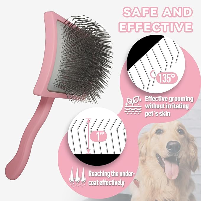 Dog Slicker Brush for Goldendoodles, Poodles, Doodles - Poodle & Doodle Brush - Extra Long Pin Brush For Medium to Long Haired Dogs - For Pet Undercoat Hair Grooming Shedding Dematting -Pink