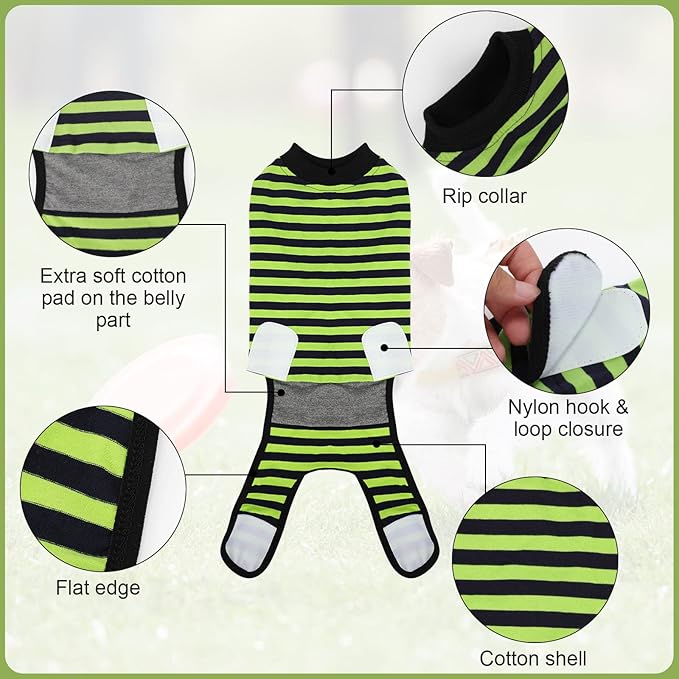 Dog Recovery Suit, 2 Packs, Breathable Cotton, Abdominal Wounds Protection, Anti-Licking Onesies for Male Female Pets, Surgery Bandages, Size S, Blue & Green Stripes