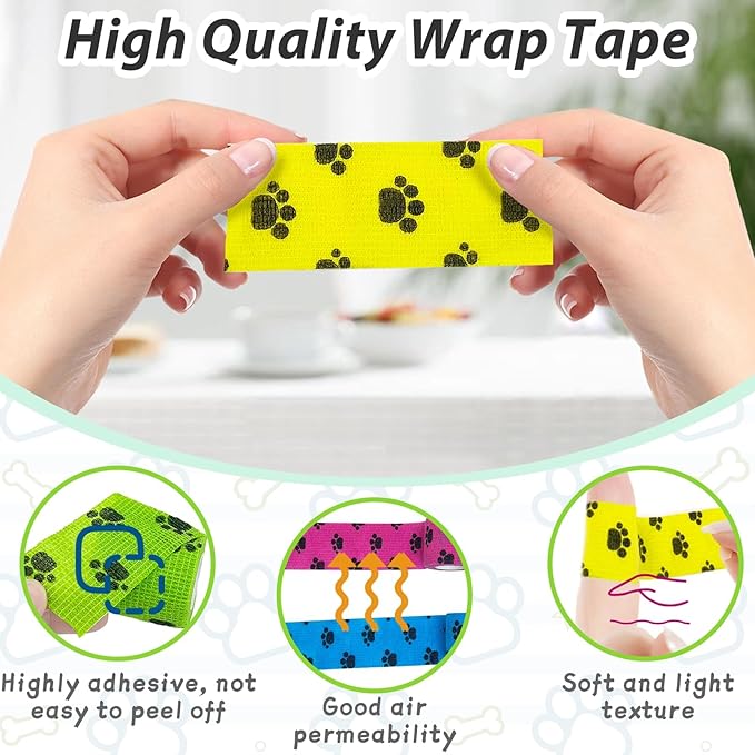 kathson 16PCS Vet Wrap Tape Veterinarian Self Adhesive No Chew Bandage Wound Dressing Medical Bandage Gauze for Animals Pets Dogs Cats Horses Ear Feet Paw Tail Injury(Yellow Blue Green Pink)