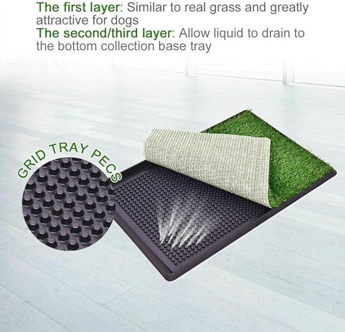 Dog Potty Tray Indoor Outdoor Washable Pee Pad for Dogs, 3 Layered System Dog Litter Box for Puppy Training (30 x 20 Grass with Tray)