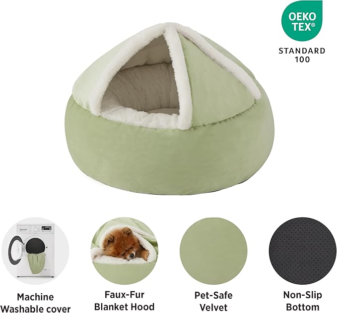 Lesure Small Dog Bed with Cover Cave - Covered Round Puppy Bed with Hooded Blanket, Machine Washable Burrow Pet Bed for Small Dogs and Cats, Cuddler Cozy Cave Dog Bed with Anti-Slip Bottom, Green 23"