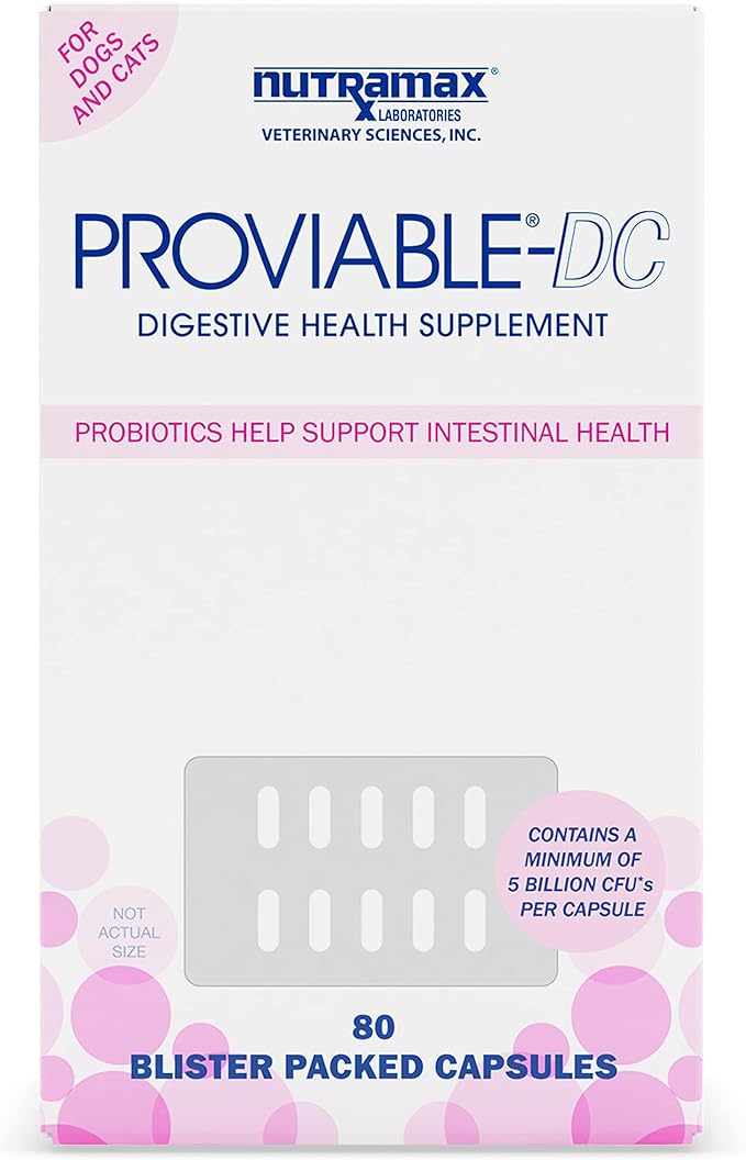 Proviable Digestive Health Supplement Multi-Strain Probiotics and Prebiotics for Cats and Dogs - with 7 Strains of Bacteria, 80 Capsules