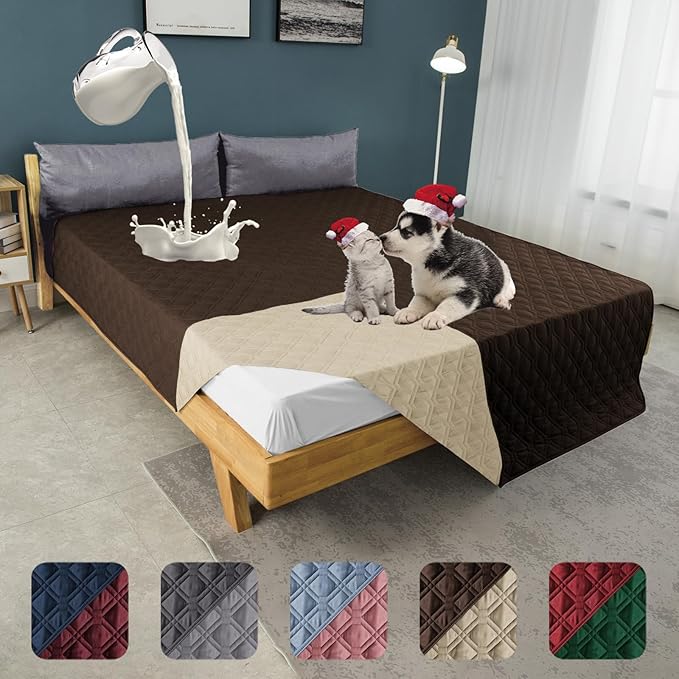 100% Waterproof Dog Bed Cover 68x82 inch Reversible Reusable Camping Mat for Kids/Pet/Dog/Cat Washable Geometric Embroidery Blanket Patchwork Brown+Beige