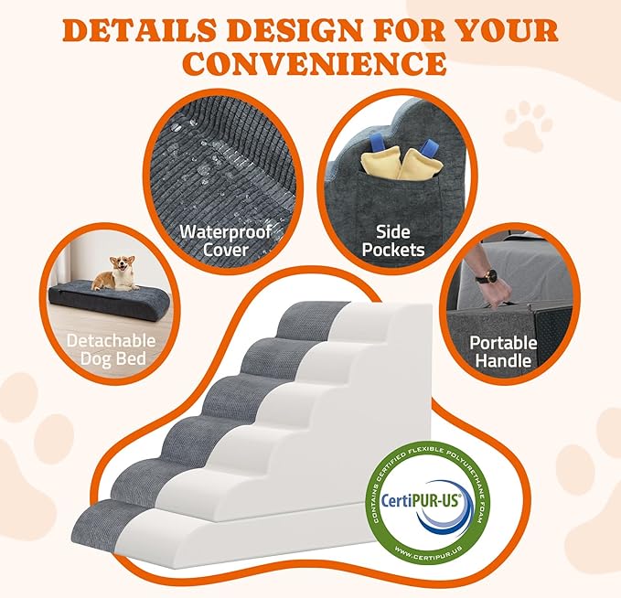 Dog Stairs for High Bed: Foam Pet Stairs for Dogs to Get on Bed Couch, 24" Tall Dog Steps for Small Dogs, Cat Stairs for Old Cats with Side Pockets, Detachable Dog Bed, 6 Tiers, Grey