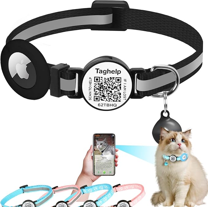 Airtag Cat Collar Breakaway with QR Code Name Tag, Reflective cat Collar airtag Holder with Bell, Cat ID Tag Personalized, Ultra-Durable, Adjustable, Quick Release, Fits Most Cats (Black A)