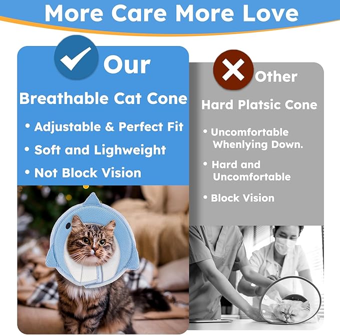 Cat Cone Collar Soft, Adjustable Cat Recovery Collar After Surgery to Prevent Licking Wound, Breathable Cat Neck Cone Comfortable Pet Elizabethan Collar for Cats Kittens Cute Shark Design