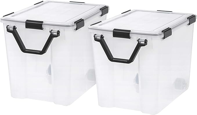 IRIS USA 103 Qt Storage Box with Gasket Seal Lid, 2 Pack - BPA-Free, Made in USA - Heavy Duty Moving Containers with Tight Latch, Weather Proof Tote Bin, WEATHERPRO - Clear/Black