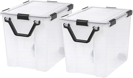 IRIS USA 103 Qt Storage Box with Gasket Seal Lid, 2 Pack - BPA-Free, Made in USA - Heavy Duty Moving Containers with Tight Latch, Weather Proof Tote Bin, WEATHERPRO - Clear/Black