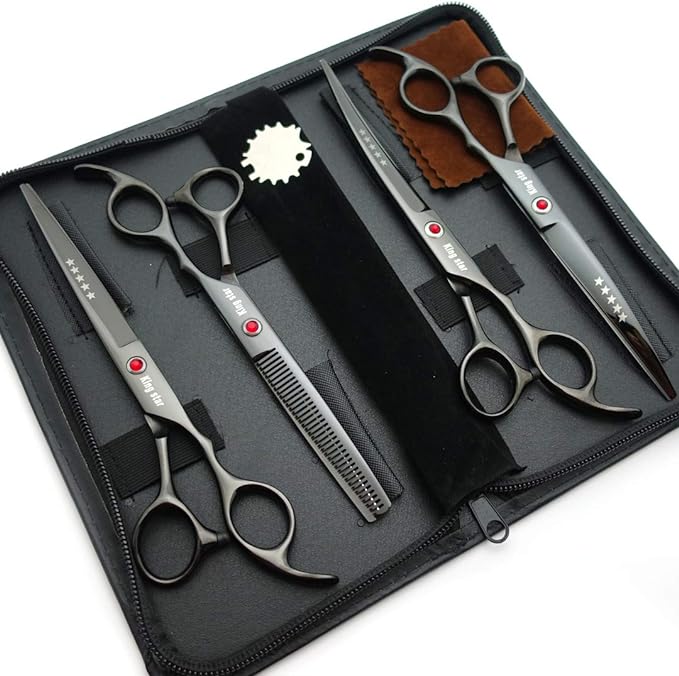 7.0in Titanium Black Professional Pet Grooming Scissors Set,Straight & Thinning & Curved Scissors 4pcs Set for Dog Grooming,(Black)