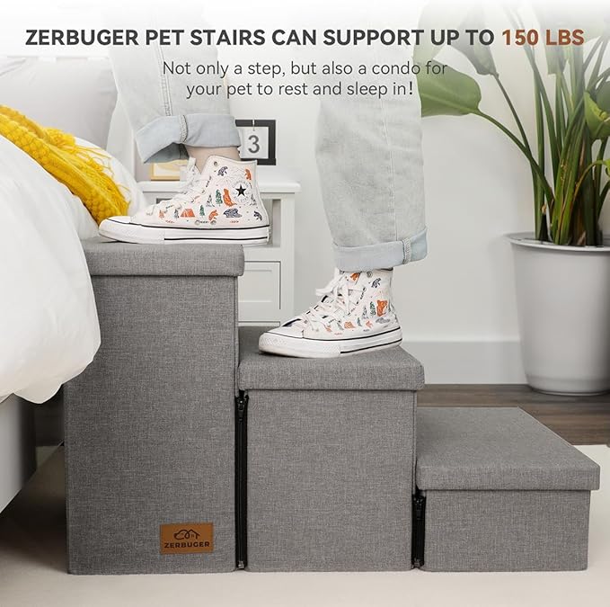 Dog Stairs, Dog Steps for High Beds 17.1" H, Folding Pet Stairs for Small Medium or Large Dogs Puppy with Storage for Bed and Couch, Cat Ramp for Car Hold Up to 200 lbs (Smok Gray, 3 Steps no Condo)