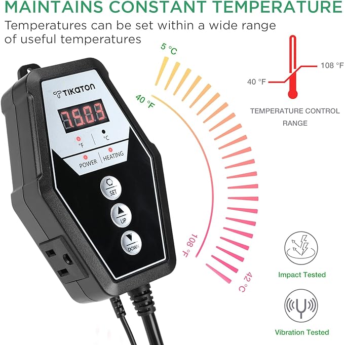 Tikaton Reptile Heating Pad and Digital Thermostat Combo Set, Under Tank Heater for 10-20gal/30-40gal Tank, Terrarium Heat Mat for Turtle/Snake/Lizard/Frog/Spider/Plant Box