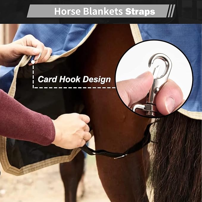 Horse Blanket Sheet Leg Straps, Replacement Stretchy Belly Strap with Double Swivel Snaps, Adjustable Length from 24 to 42 Inch Black(2 Pcs) (Two Side Snaps)