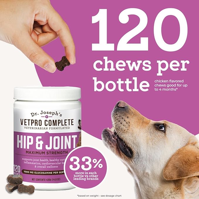 VetPro Dog Hip and Joint Supplement - Pain and Inflammation Relief Chews with Glucosamine, Chondroitin, MSM, Turmeric, Vitamin C, Omega 3 - Treats Hip Dysplasia, Arthritis - Dogs Chewable Supplements