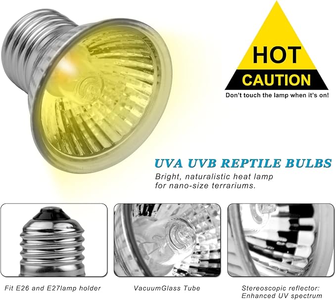 4-Pack 50W UVA UVB Light Bulbs for E27 Reptile Heat Lamp, Basking Spot Light Simulated Sunlight, Heating Lamp for Turtle, Lizard, Snake, Beared Dragon, Amphibians