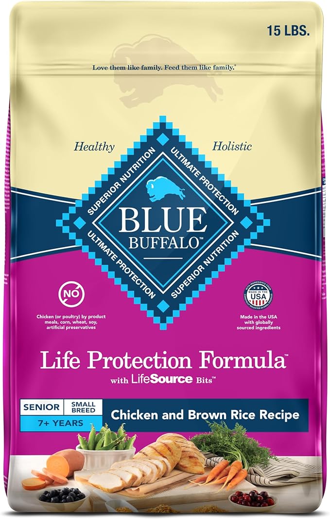 Blue Buffalo Life Protection Formula Small Breed Senior Dry Dog Food, Supports Joint Health and Immunity, Made with Natural Ingredients, Chicken & Brown Rice Recipe, 15-lb. Bag