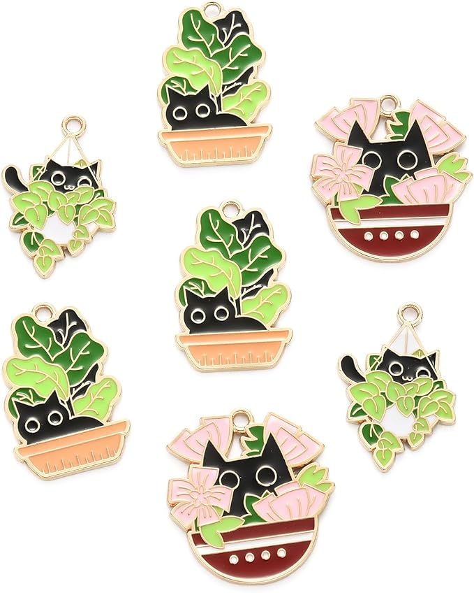 KitBeads 15pcs Enamel Plant with Cat Charms Cartoon Green Potted Plant Charms Cute Pet Black Cat Charms for Jewelry Making Bracelet Bulk