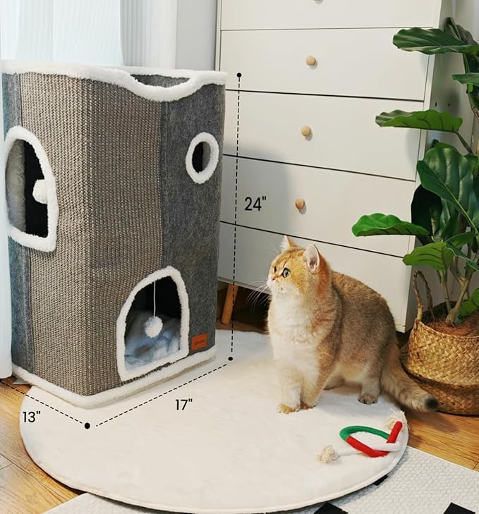 3-Level Cat House for Indoor Cats, Large Adult Cat Cave Bed Cats Cube House with Scratch Pad Cat Towers, Cute Kitten Condo Hideaway Hut with Soft Pillow Mat for Multi Pets Under 50 lbs