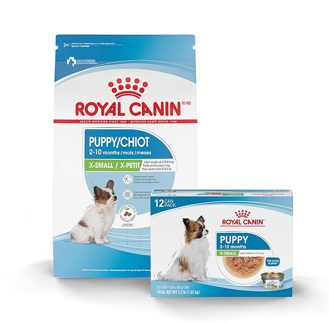 Royal Canin Size Health Nutrition X-Small Puppy Dry Dog Food, 3 lb Bag Size Health Nutrition X-Small Puppy Thin Slices in Gravy Wet Dog Food, 3 oz can (12-Count)