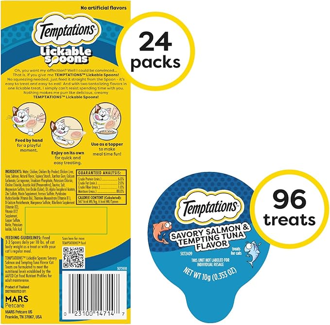 Temptations Lickable Spoons Adult Wet Cat Treat, Savory Salmon and Tempting Tuna Flavor, 10 Grams, Pack of 24 (96 Total Treats)
