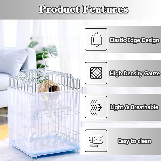 Bird Cage Seed Catcher, Bird Cage Net Cover Adjustable Bird Cage Netting Seed Catcher for Bird Cages Seed Catcher Guard Net Cover Bird Cage Skirt for Parrot Parakeet Macaw Round Square Cages - White