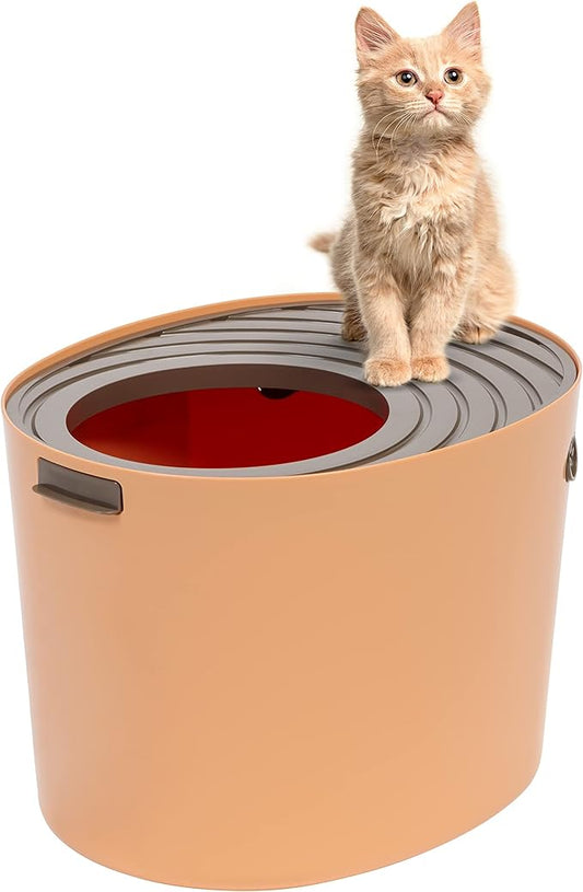 IRIS USA Medium Top Entry Cat Litter Box with Scoop, High Sided Kitty Litter Box, Orange/Brown