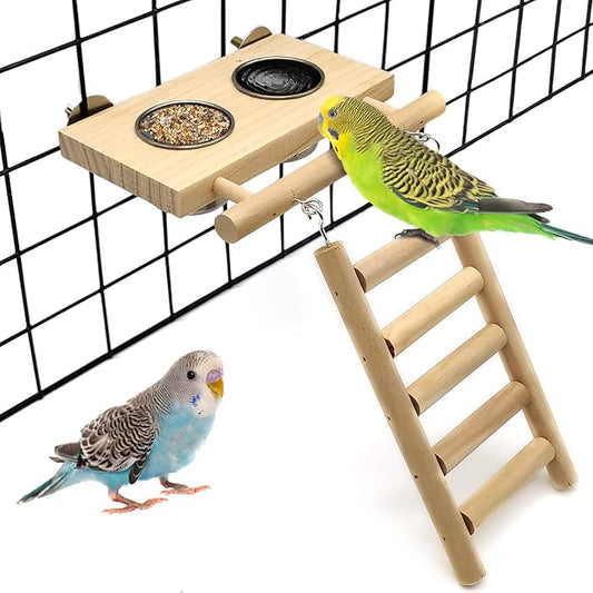 Tfwadmx Bird Food Stainless Steel Cups Wooden Perch Stand Hanging Feeder Bowls Feeding and Watering Supplies for Parakeets Conures Cockatiels Budgie Parrot