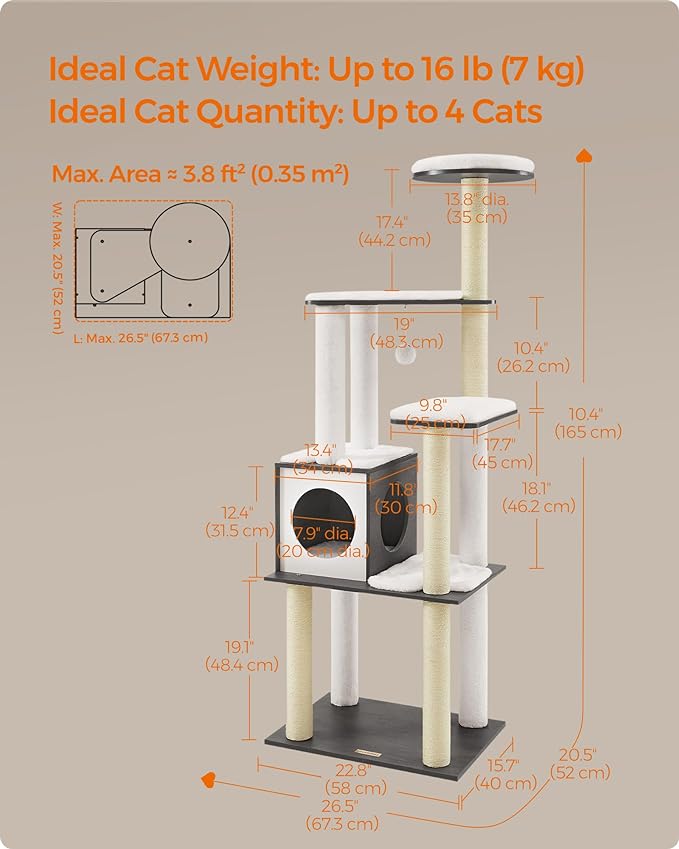 Feandrea WoodyWonders Cat Tree, 65-Inch Modern Cat Tower for Indoor Cats, Multi-Level Cat Condo with 5 Scratching Posts, Perch, Washable Removable Cushions, Cat Furniture, Misty Gray UPCT166G03