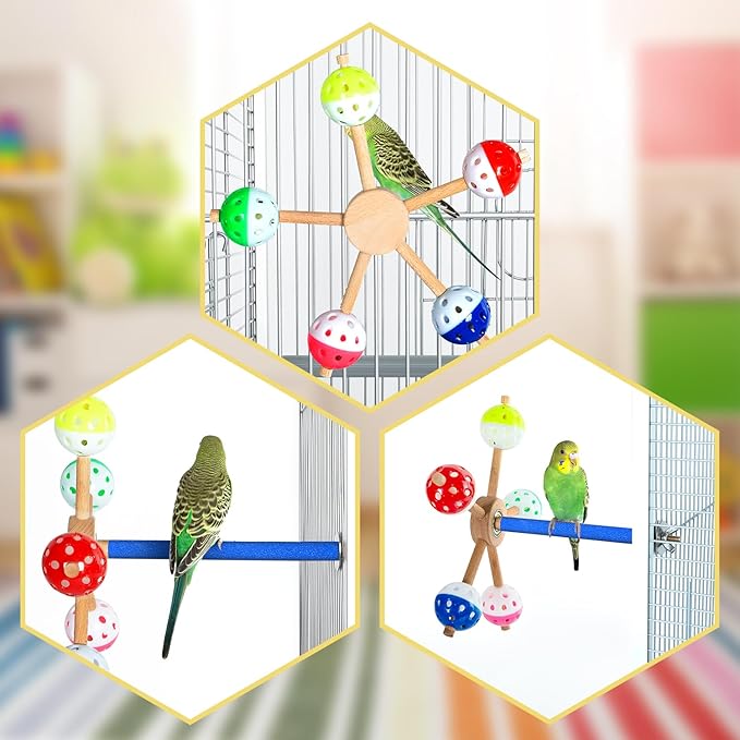 OIIBO Perch Toy with Rotating Balls for Birds, Rough-surfaced Natural Bird Toy Puzzle Parrot Toys Boredom Reducing Bird Foraging Toys for Cockatiel, Parakeets, Parrots, Budgies, Lovebird, Conures