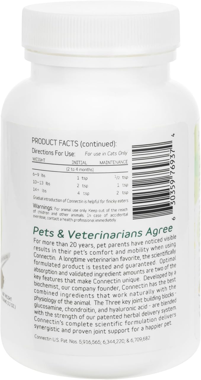 In Clover Connectin Hip and Joint Powder Supplement for Cats. Combines Glucosamine, Chondroitin and Hyaluronic Acid with Herbs for Comfort and Mobility. 3.2 oz.