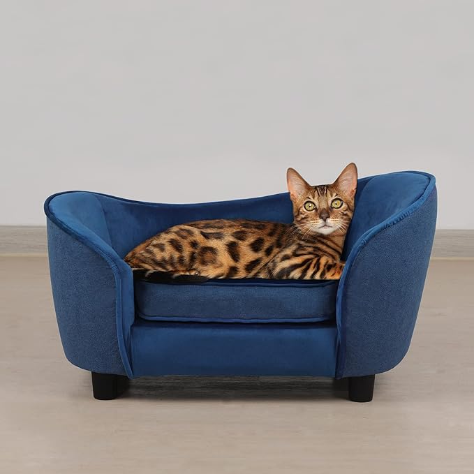 Pet Sofa Bed, Velvet & Linen Fabric Pet Couch Chair with Removeable & Washable Cushion for Small Dogs Cats (Blue)