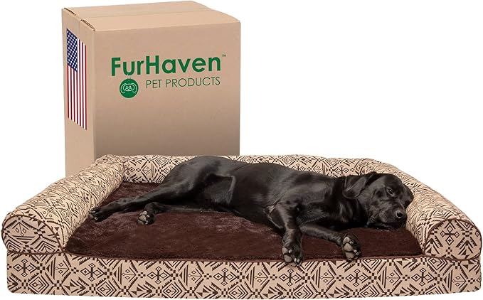 Furhaven Orthopedic Dog Bed for Large Dogs w/ Removable Bolsters & Washable Cover, For Dogs Up to 125 lbs - Plush & Southwest Kilim Woven Decor Sofa - Desert Brown, Jumbo Plus/XXL