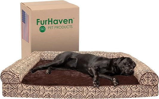 Furhaven Orthopedic Dog Bed for Large Dogs w/ Removable Bolsters & Washable Cover, For Dogs Up to 125 lbs - Plush & Southwest Kilim Woven Decor Sofa - Desert Brown, Jumbo Plus/XXL