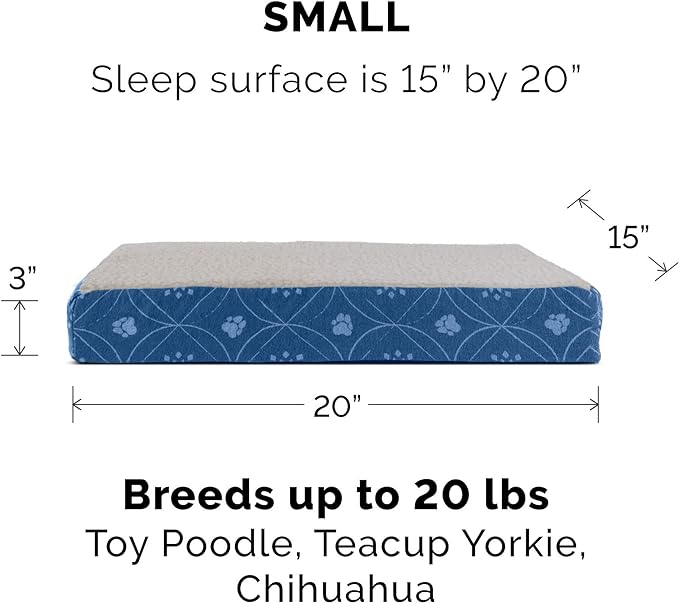 Furhaven Orthopedic Dog Bed for Small Dogs w/ Removable Washable Cover, For Dogs Up to 20 lbs - Sherpa & Flannel Paw Print Deluxe Mattress - Twilight Blue, Small